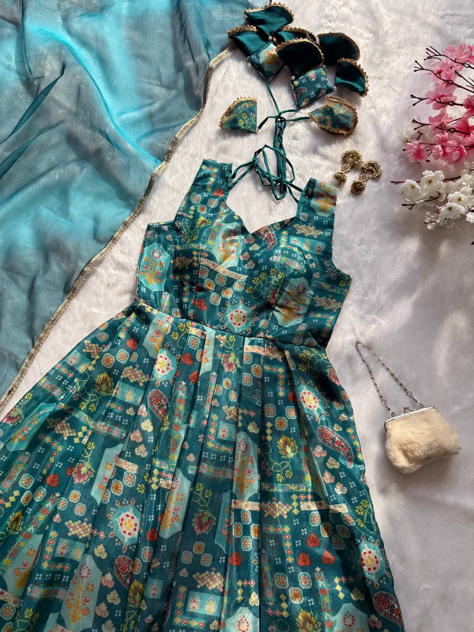 Sky Blue Premium Digital Printed Organza Anarkali Gown Set with Designer Dupatta