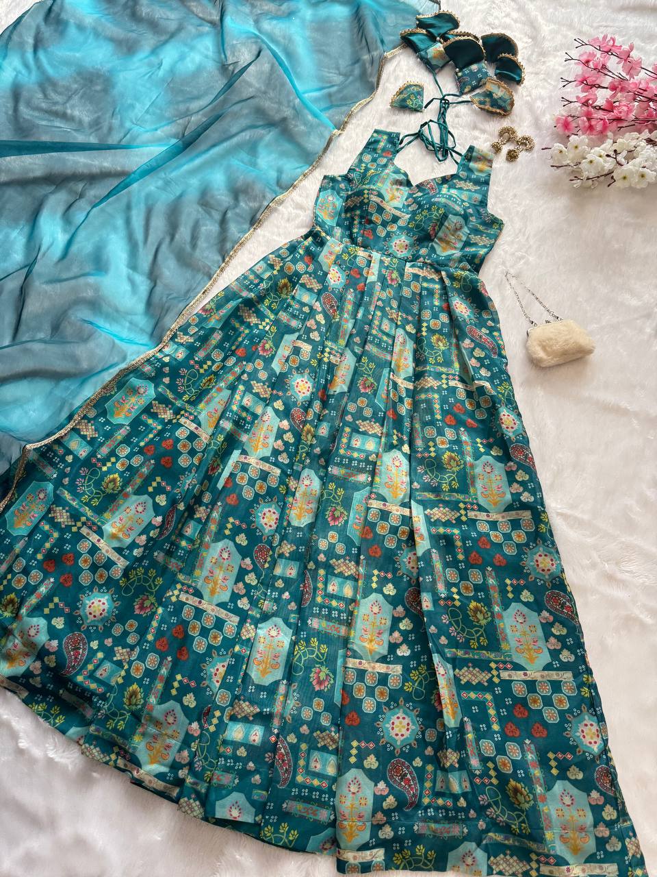 Sky Blue Premium Digital Printed Organza Anarkali Gown Set with Designer Dupatta