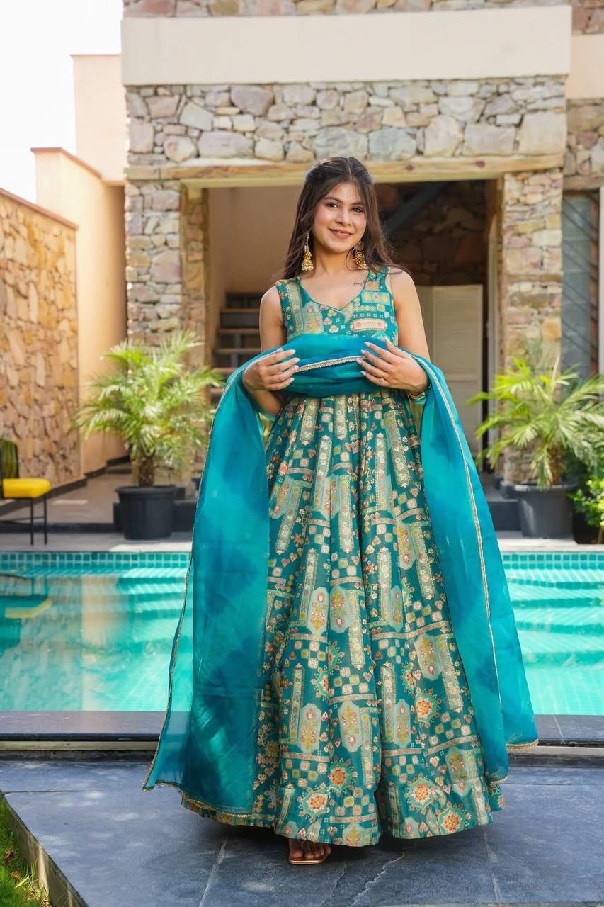 Sky Blue Premium Digital Printed Organza Anarkali Gown Set with Designer Dupatta