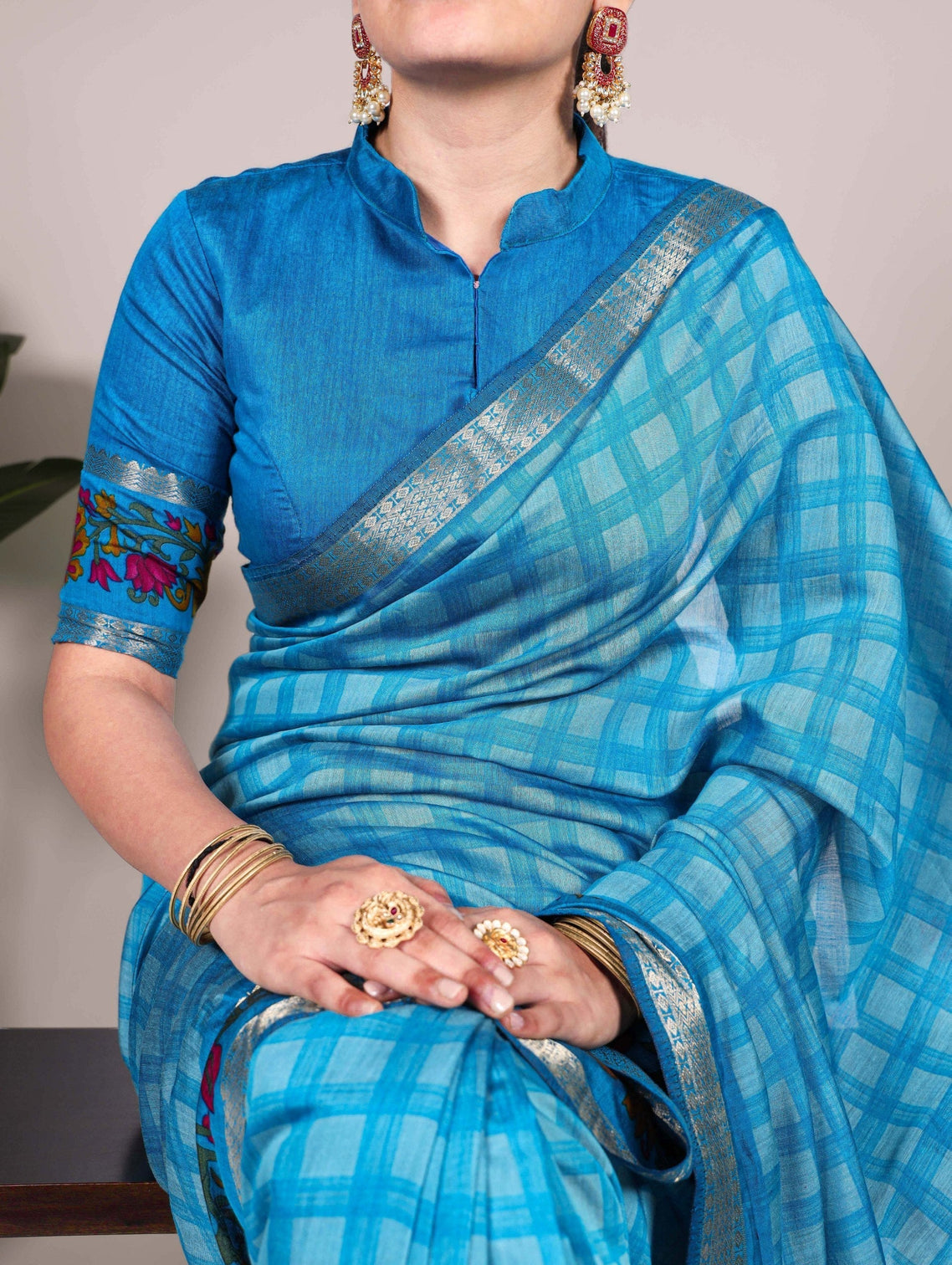 Sky Blue Printed Chanderi Saree with Zari Weaving Work Polyester Viscose