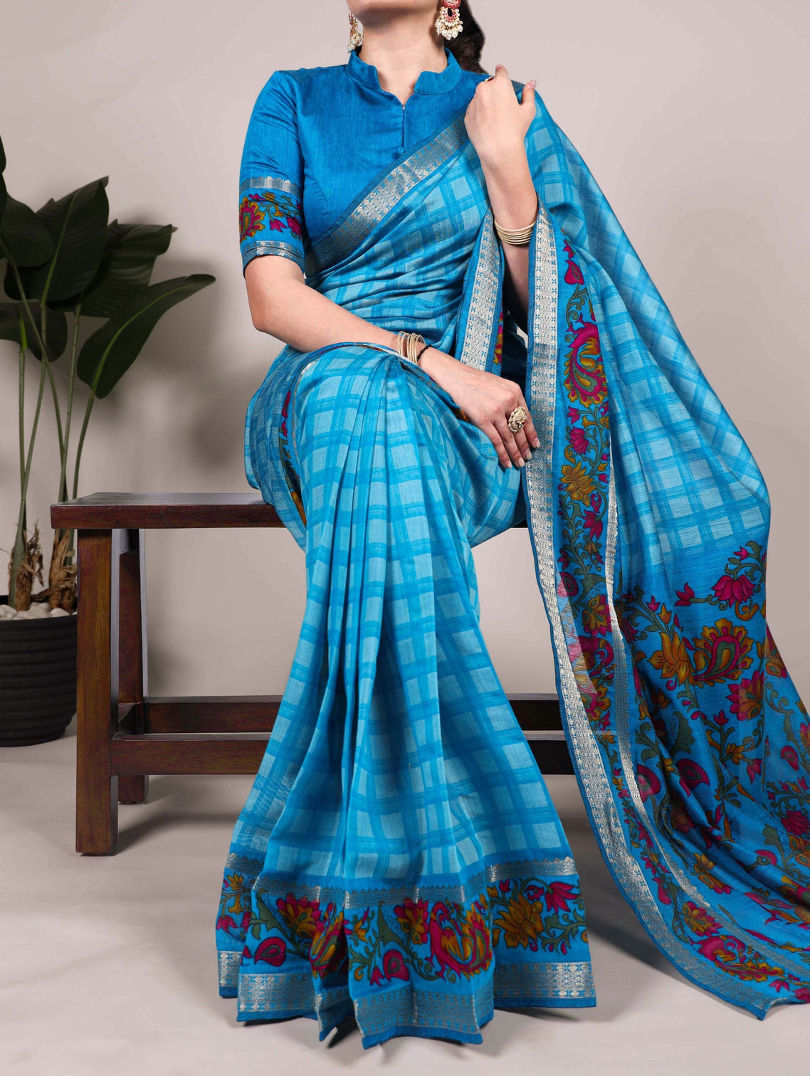 Sky Blue Printed Chanderi Saree with Zari Weaving Work Polyester Viscose