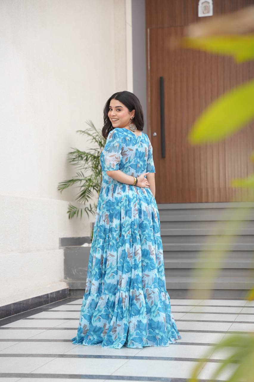Sky Blue Printed Faux Georgette Gown with Fancy V-Neck | Full Cotton Lining | Ready to Wear