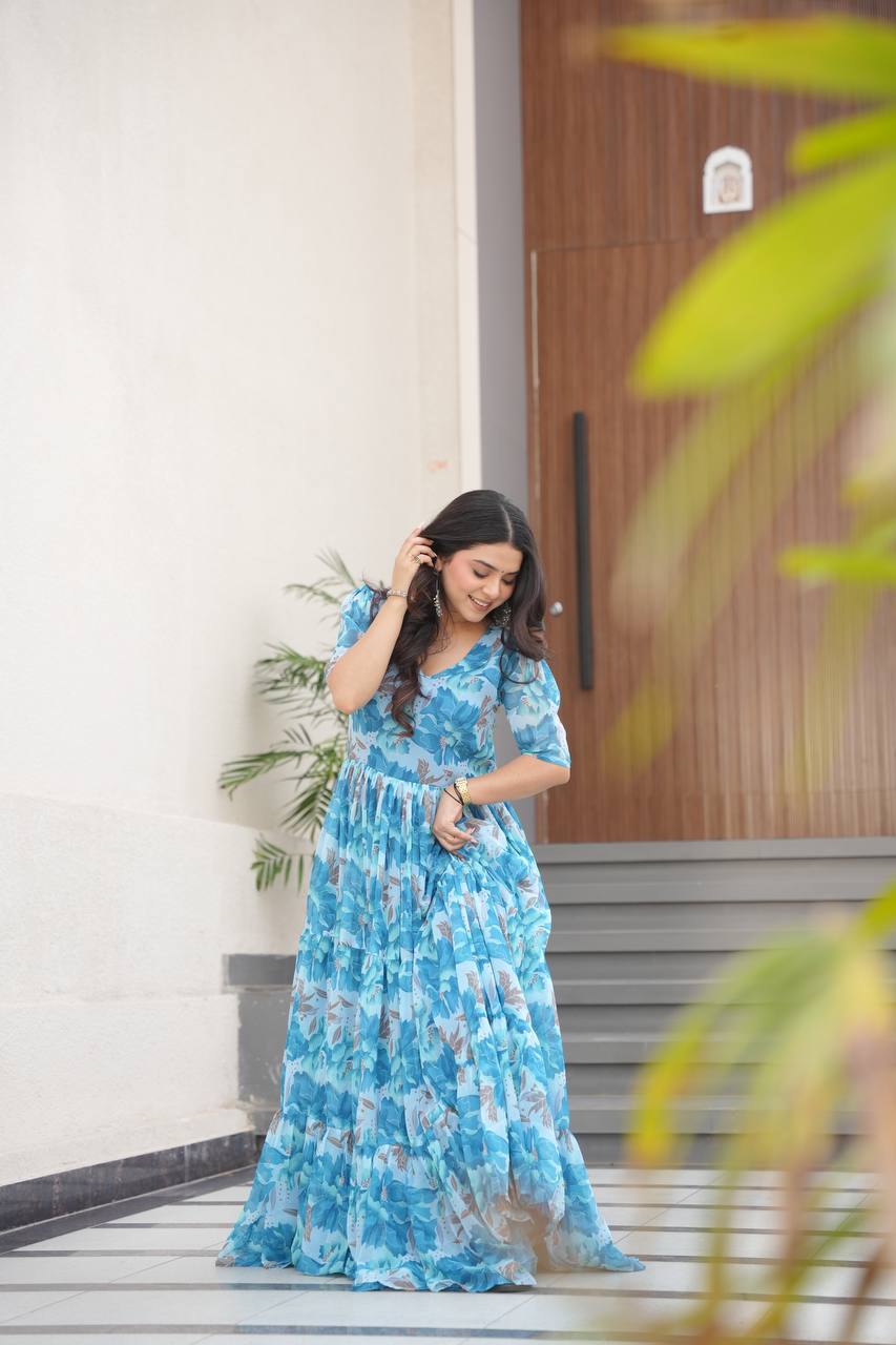 Sky Blue Printed Faux Georgette Gown with Fancy V-Neck | Full Cotton Lining | Ready to Wear