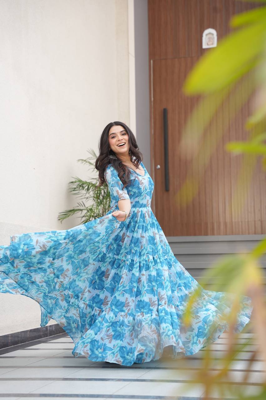 Sky Blue Printed Faux Georgette Gown with Fancy V-Neck | Full Cotton Lining | Ready to Wear