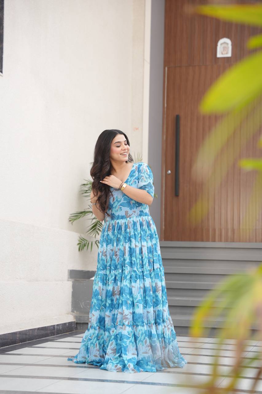 Sky Blue Printed Faux Georgette Gown with Fancy V-Neck | Full Cotton Lining | Ready to Wear