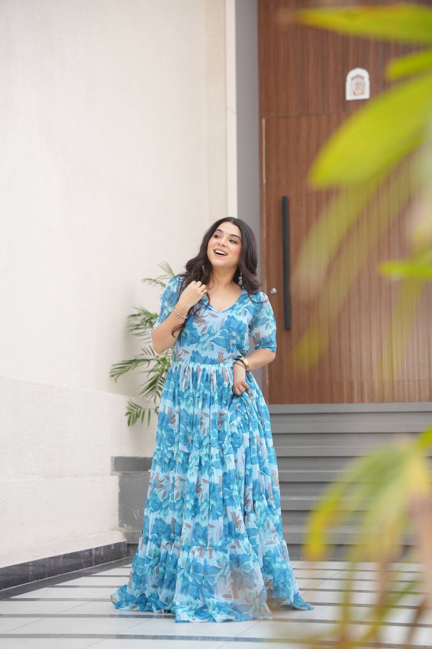 Sky Blue Printed Faux Georgette Gown with Fancy V-Neck | Full Cotton Lining | Ready to Wear