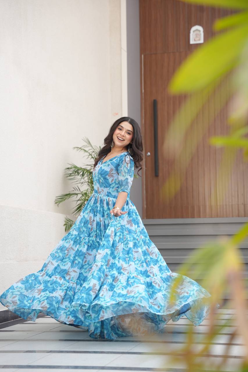 Sky Blue Printed Faux Georgette Gown with Fancy V-Neck | Full Cotton Lining | Ready to Wear