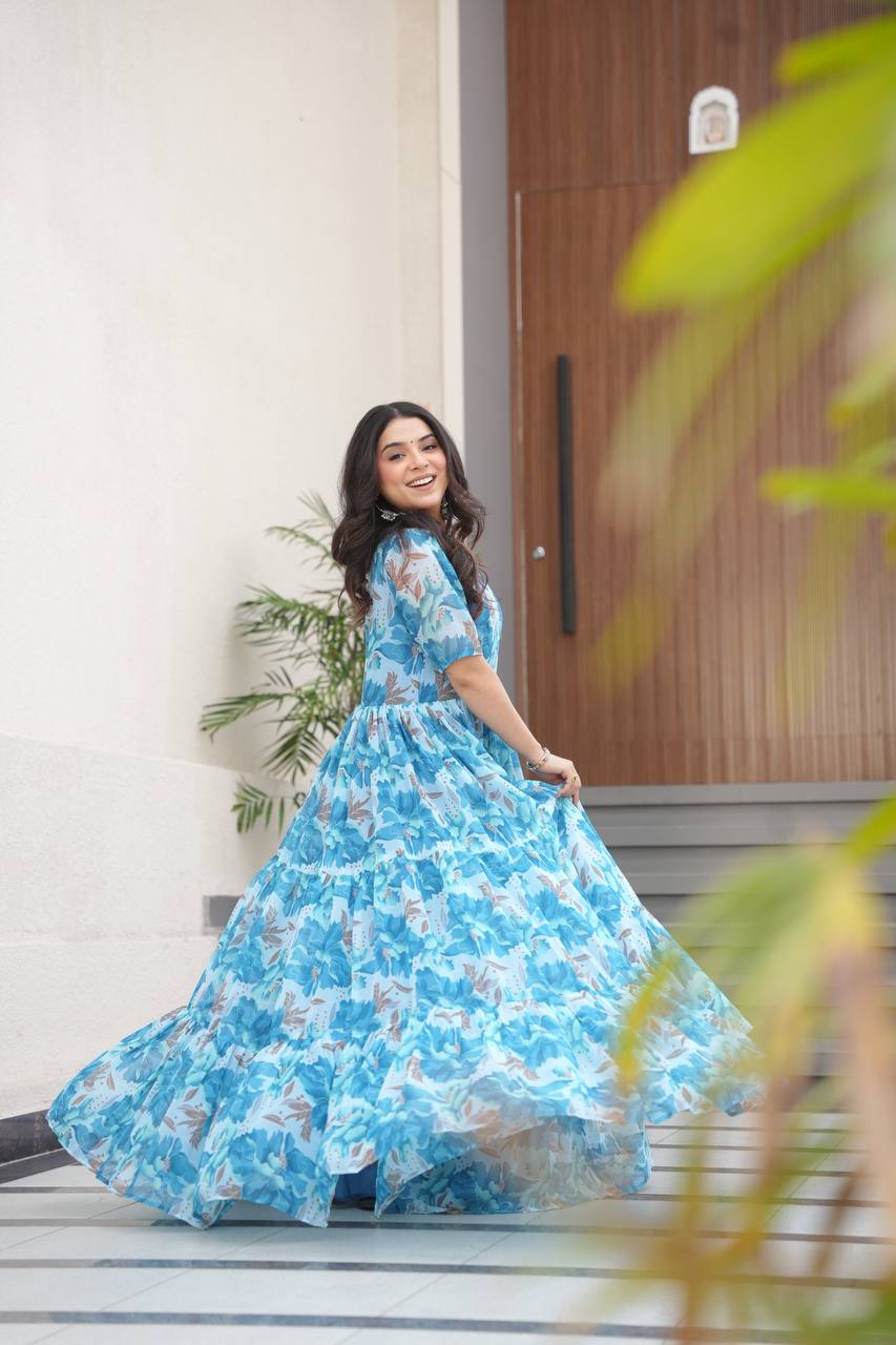 Sky Blue Printed Faux Georgette Gown with Fancy V-Neck | Full Cotton Lining | Ready to Wear