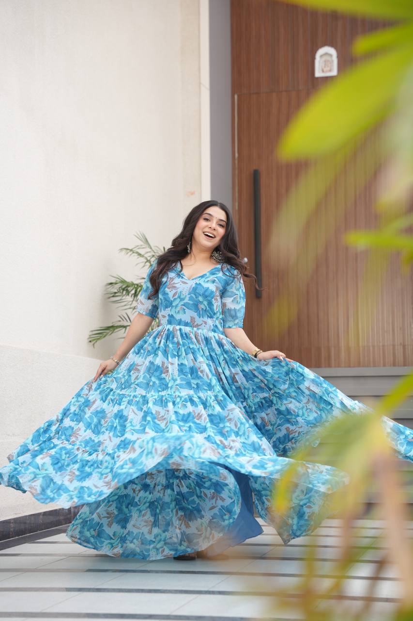 Sky Blue Printed Faux Georgette Gown with Fancy V-Neck | Full Cotton Lining | Ready to Wear