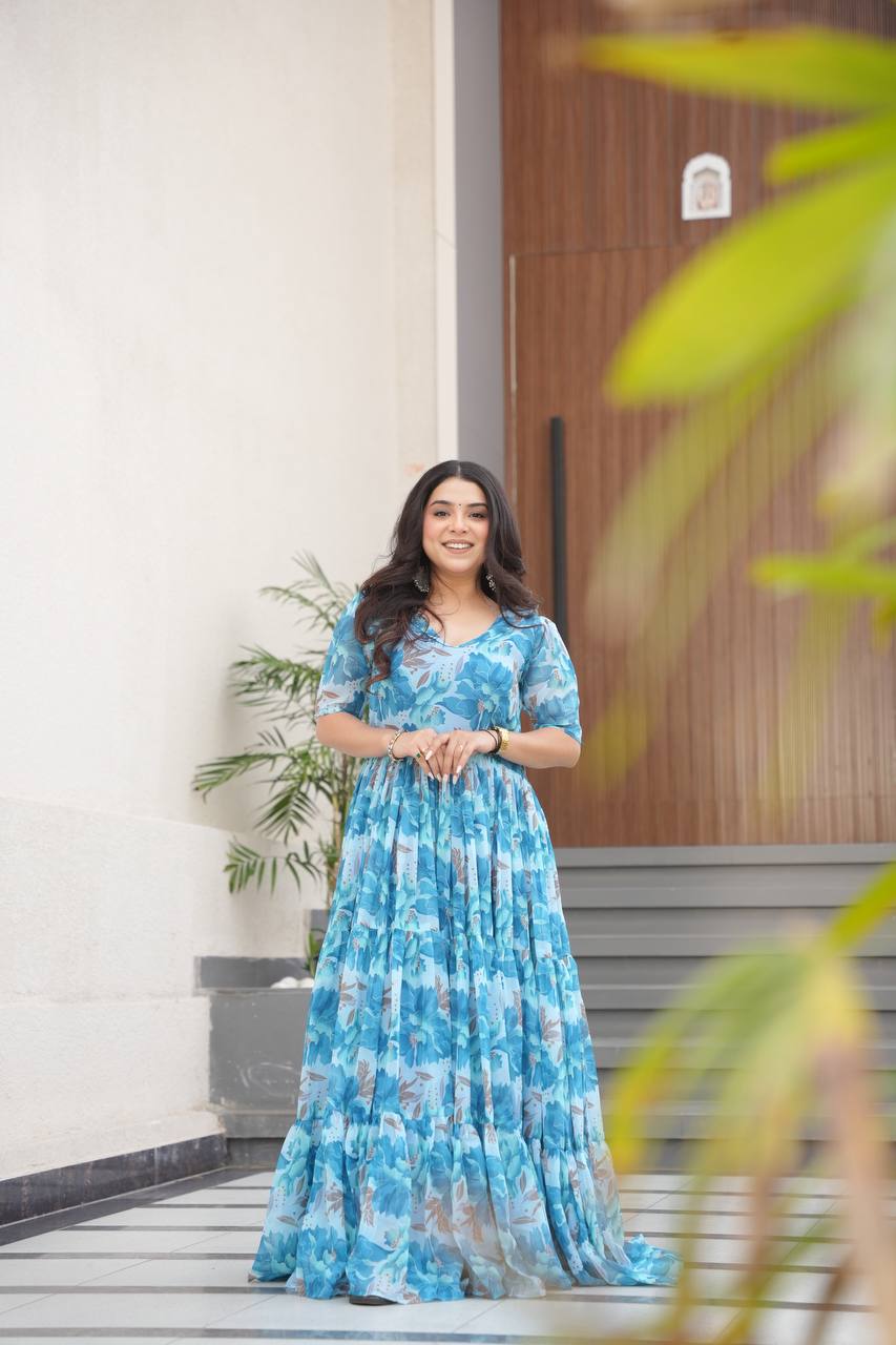 Sky Blue Printed Faux Georgette Gown with Fancy V-Neck | Full Cotton Lining | Ready to Wear