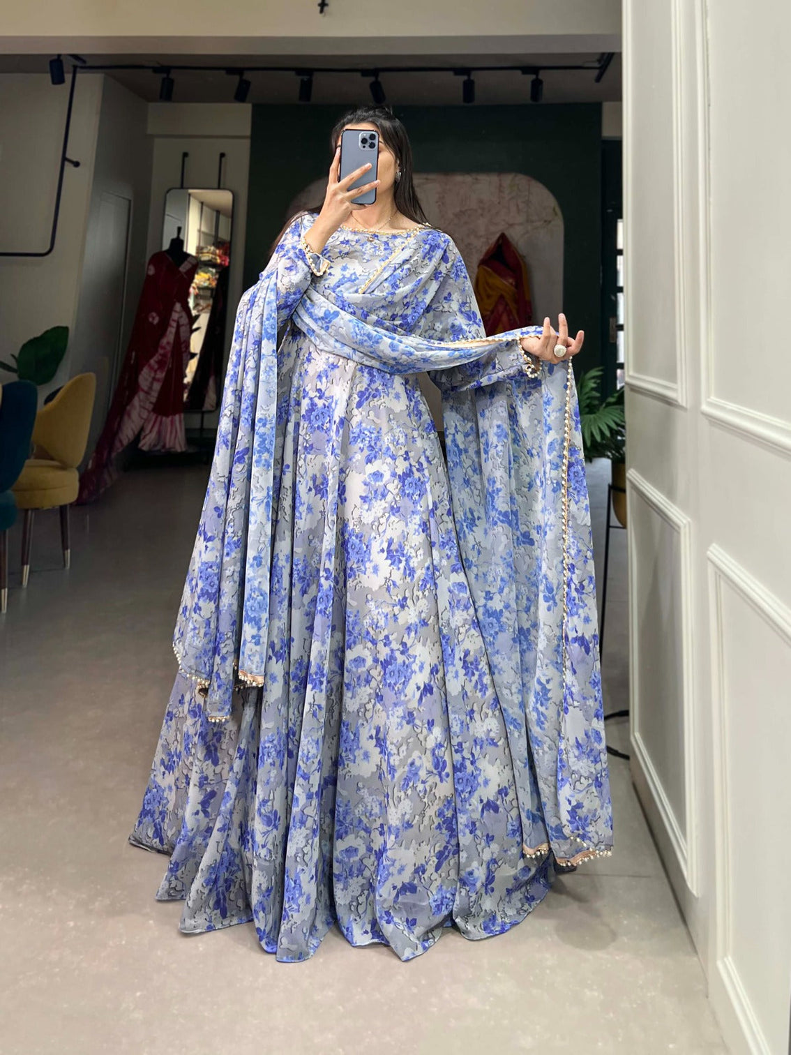 Sky Blue Ready-to-Wear Georgette Gown with Matching Dupatta