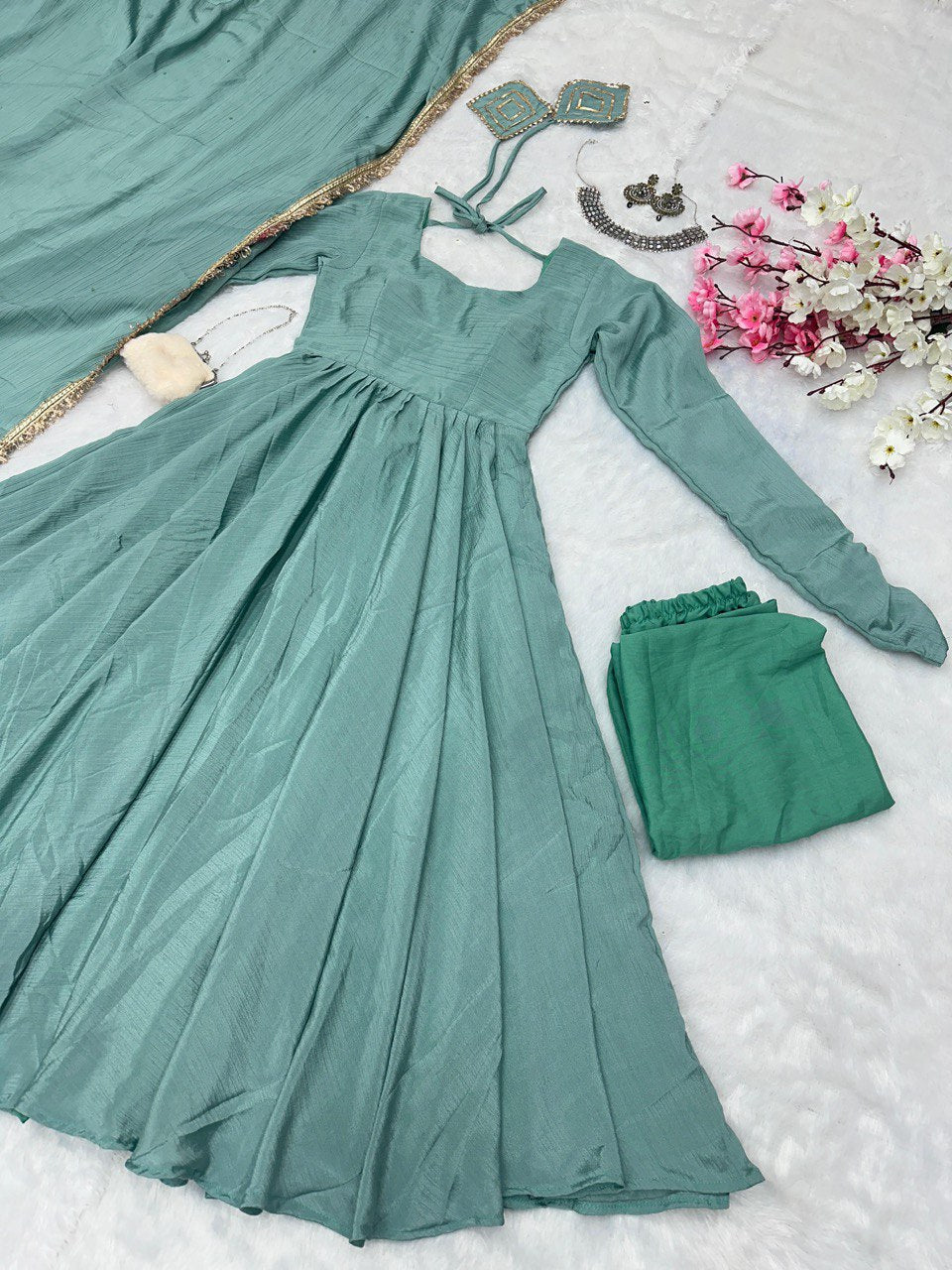 Sky Blue Exclusive Chinnon Silk Anarkali Set