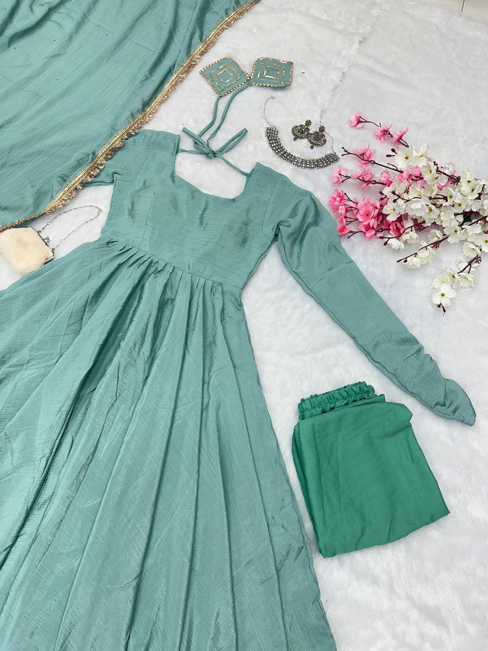 Sky Blue Exclusive Chinnon Silk Anarkali Set