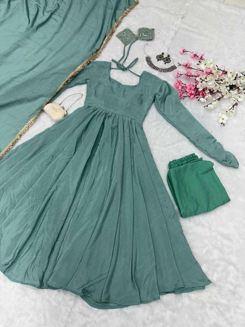 Sky Blue Exclusive Chinnon Silk Anarkali Set