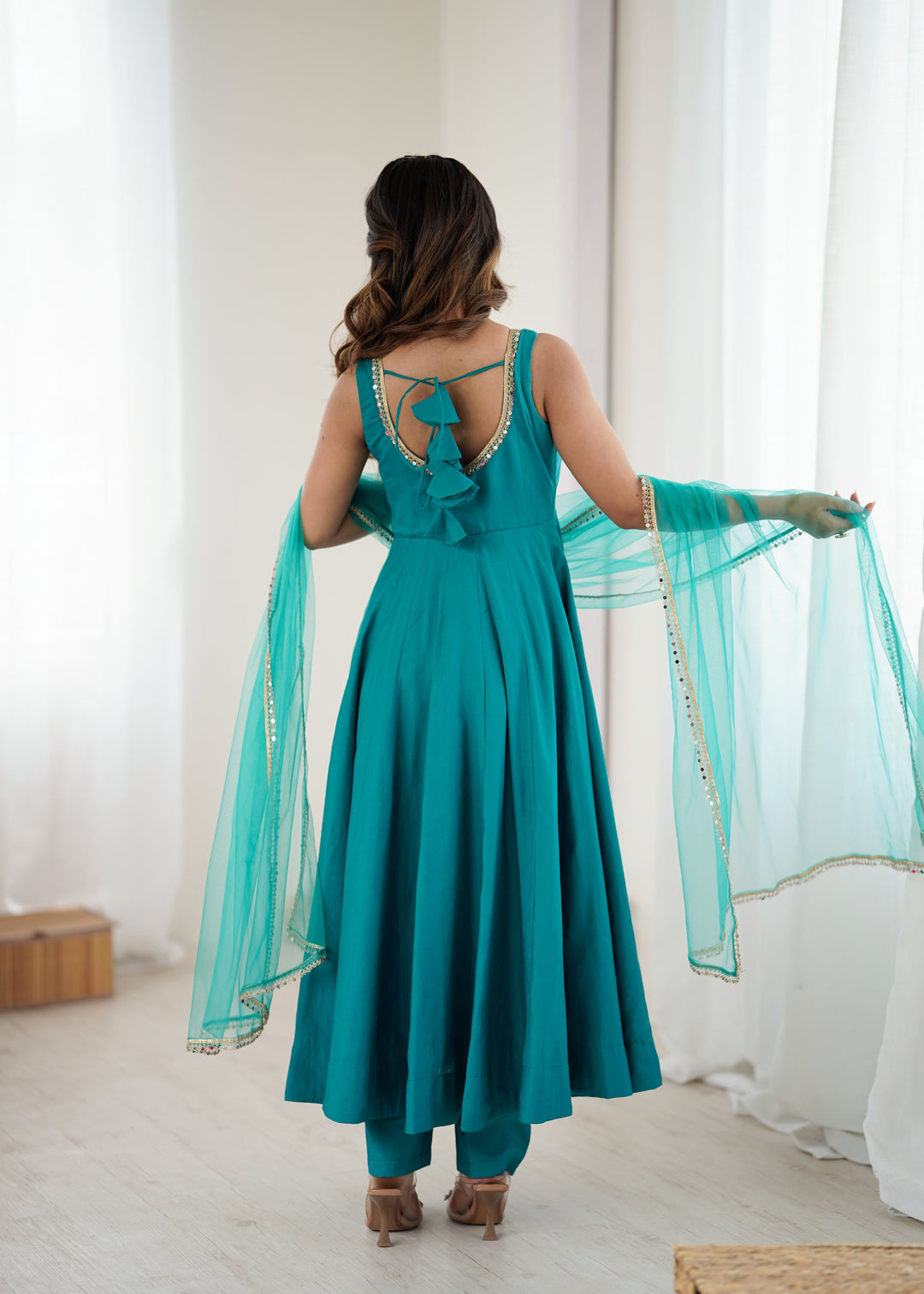 Sky Blue Roman Silk Chanderi Anarkali Gown Set with Pant & Net Dupatta