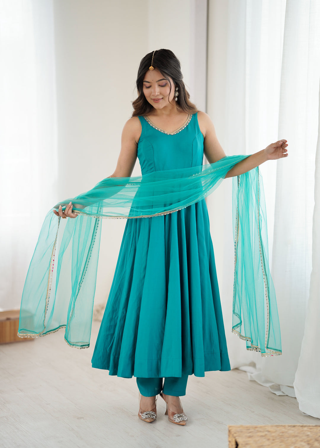 Sky Blue Roman Silk Chanderi Anarkali Gown Set with Pant & Net Dupatta