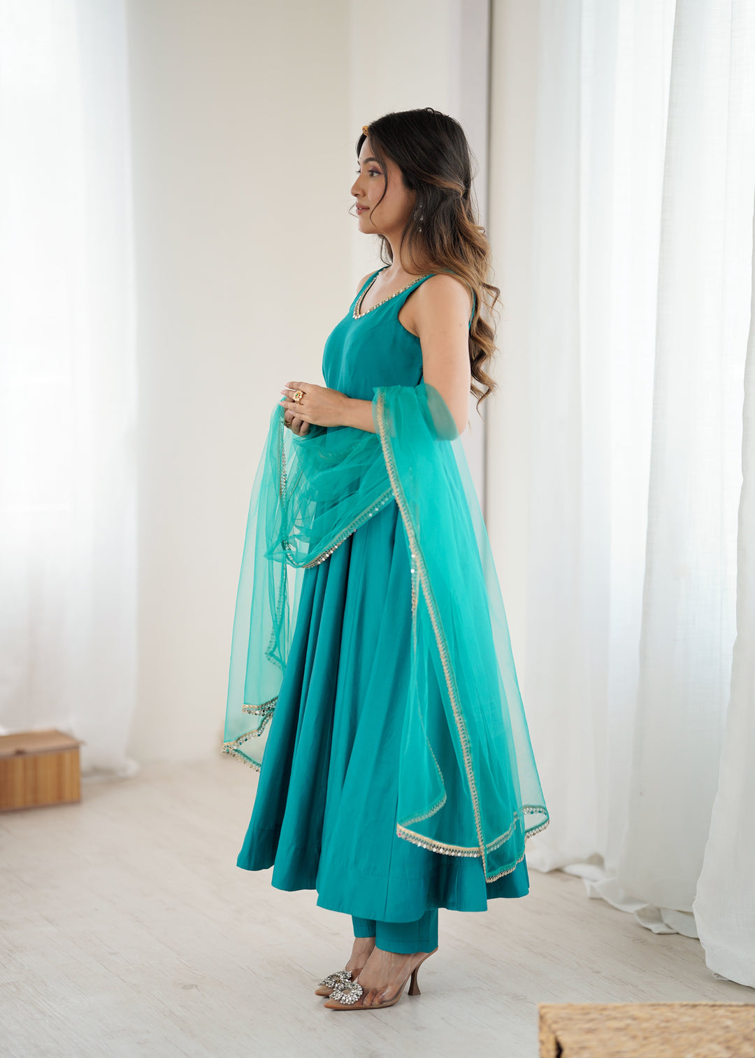 Sky Blue Roman Silk Chanderi Anarkali Gown Set with Pant & Net Dupatta