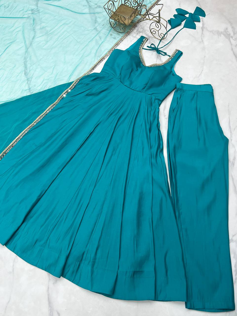 Sky Blue Roman Silk Chanderi Anarkali Gown Set with Pant & Net Dupatta