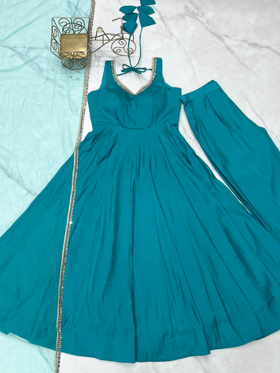 Sky Blue Roman Silk Chanderi Anarkali Gown Set with Pant & Net Dupatta