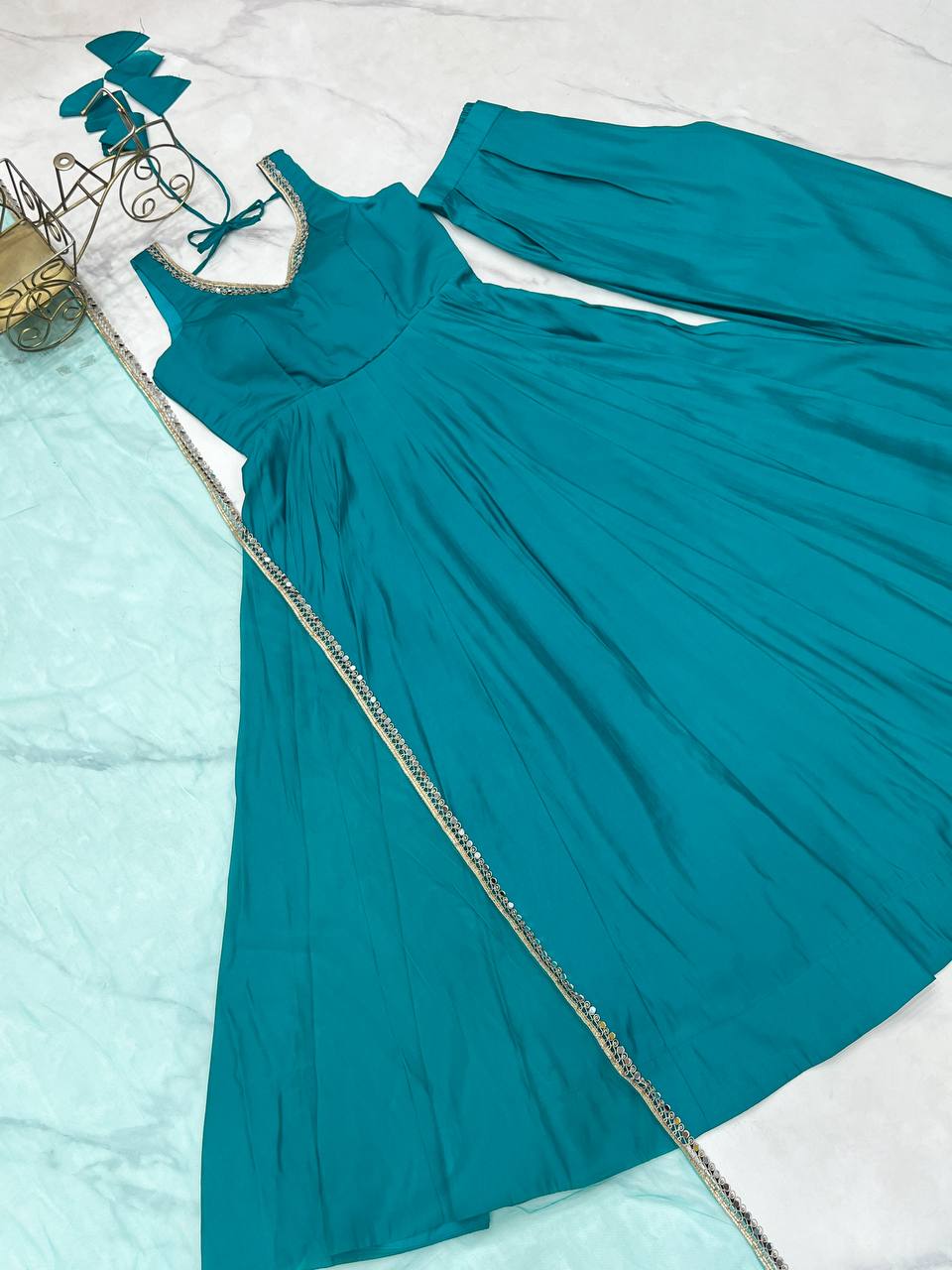 Sky Blue Roman Silk Chanderi Anarkali Gown Set with Pant & Net Dupatta