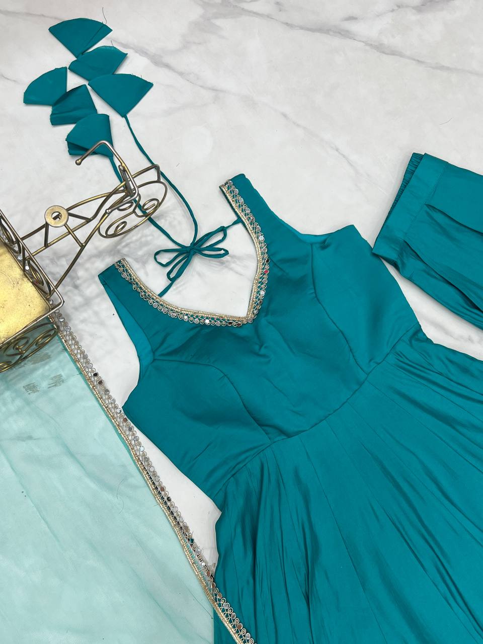 Sky Blue Roman Silk Chanderi Anarkali Gown Set with Pant & Net Dupatta