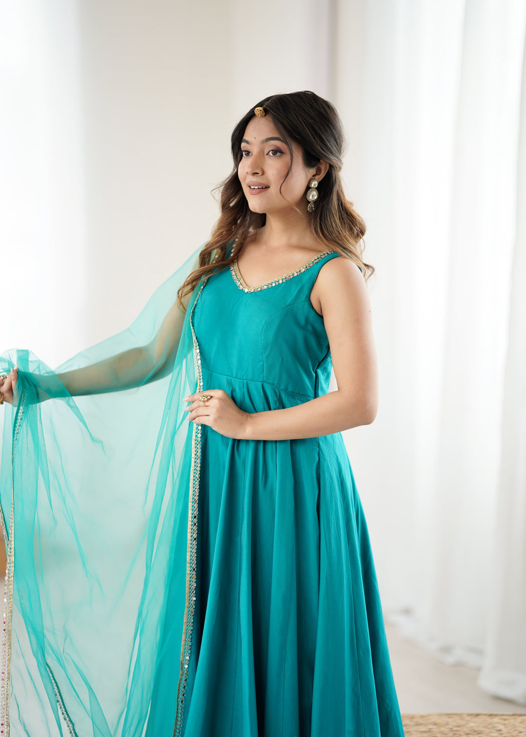 Sky Blue Roman Silk Chanderi Anarkali Gown Set with Pant & Net Dupatta