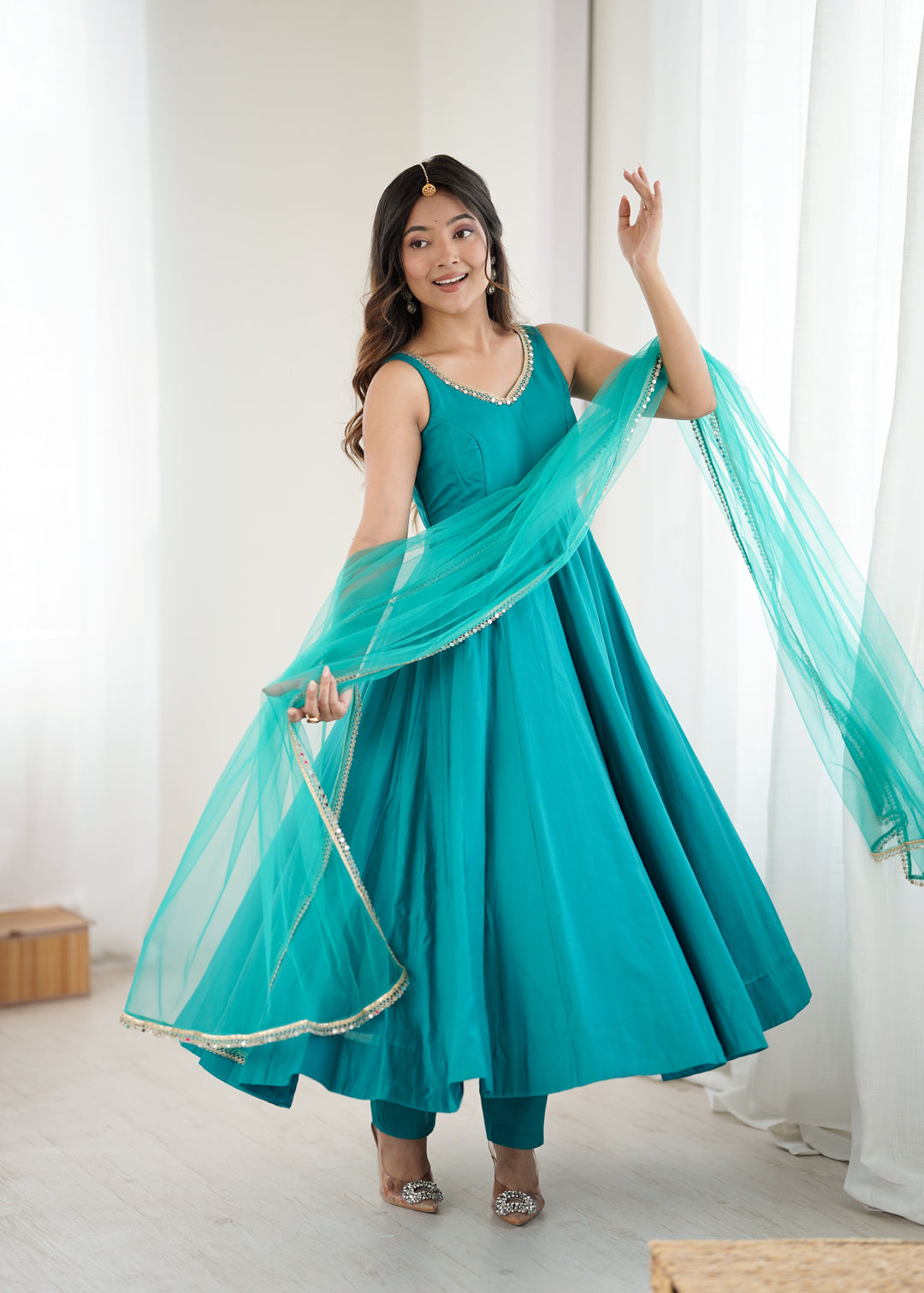 Sky Blue Roman Silk Chanderi Anarkali Gown Set with Pant & Net Dupatta