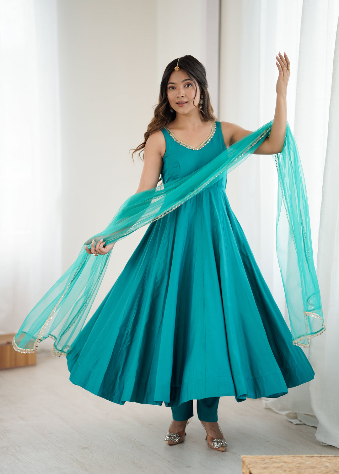 Sky Blue Roman Silk Chanderi Anarkali Gown Set with Pant & Net Dupatta