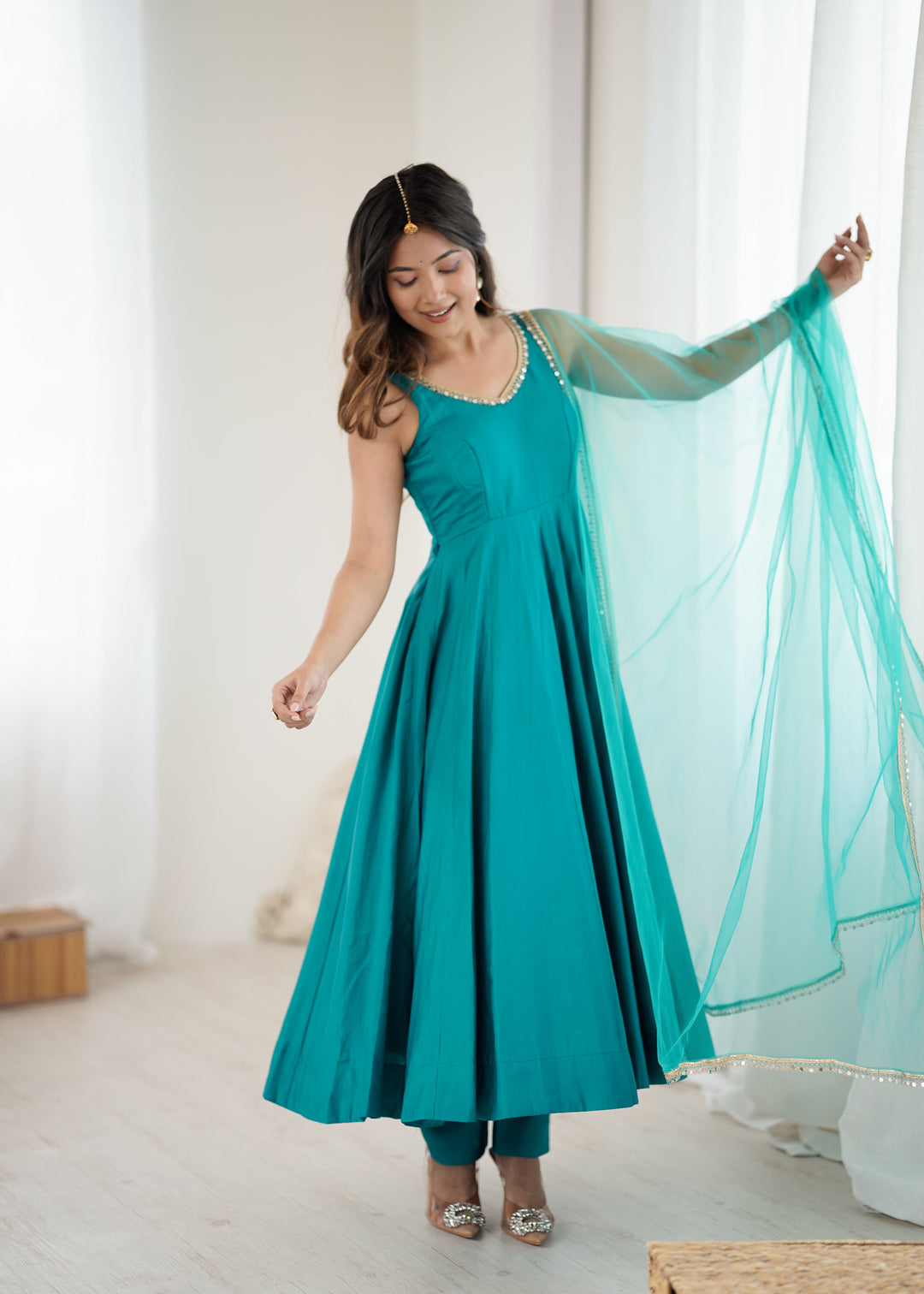 Sky Blue Roman Silk Chanderi Anarkali Gown Set with Pant & Net Dupatta