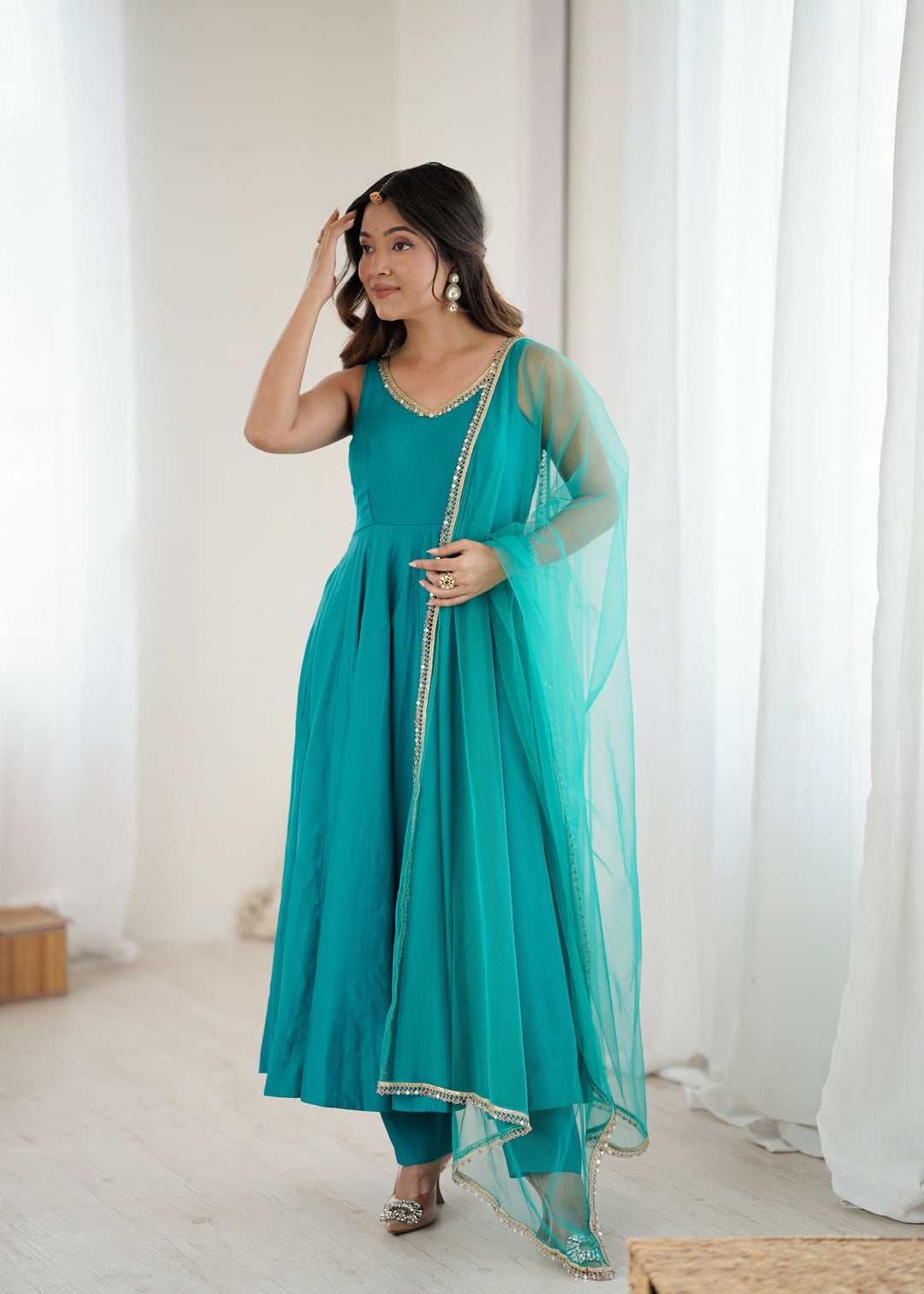 Sky Blue Roman Silk Chanderi Anarkali Gown Set with Pant & Net Dupatta