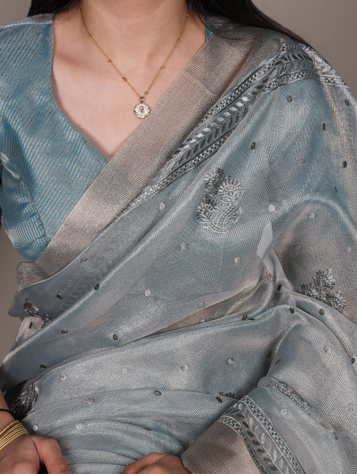 Sky Blue Rose Gold Poly Shimmer Saree with Elegant Thread Embroidery and Matching Blouse – Unstitched Ensemble