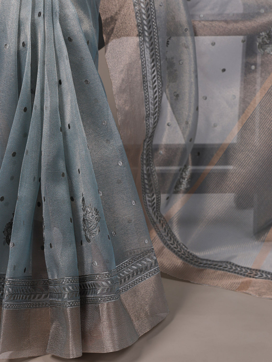 Sky Blue Rose Gold Poly Shimmer Saree with Elegant Thread Embroidery and Matching Blouse – Unstitched Ensemble