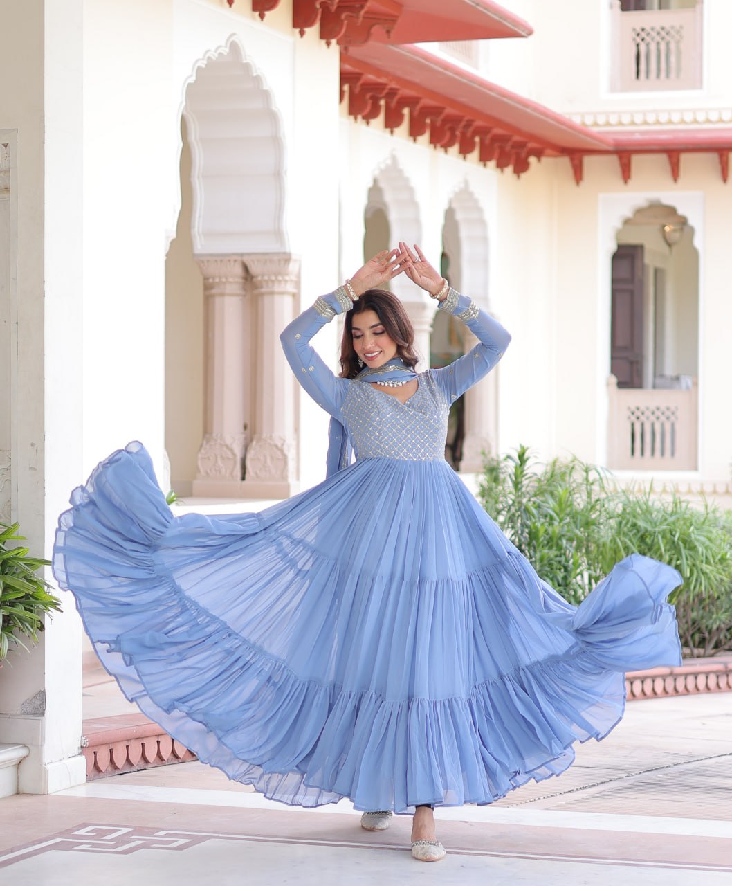Sky Blue Royal Faux Georgette Embroidered Gown with Sequins & Zari Work – Three-Layer Frill Stitched Gown with Cotton Lining and Matching Dupatta
