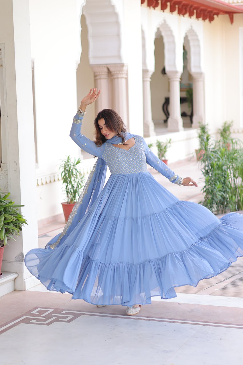 Sky Blue Royal Faux Georgette Embroidered Gown with Sequins & Zari Work – Three-Layer Frill Stitched Gown with Cotton Lining and Matching Dupatta