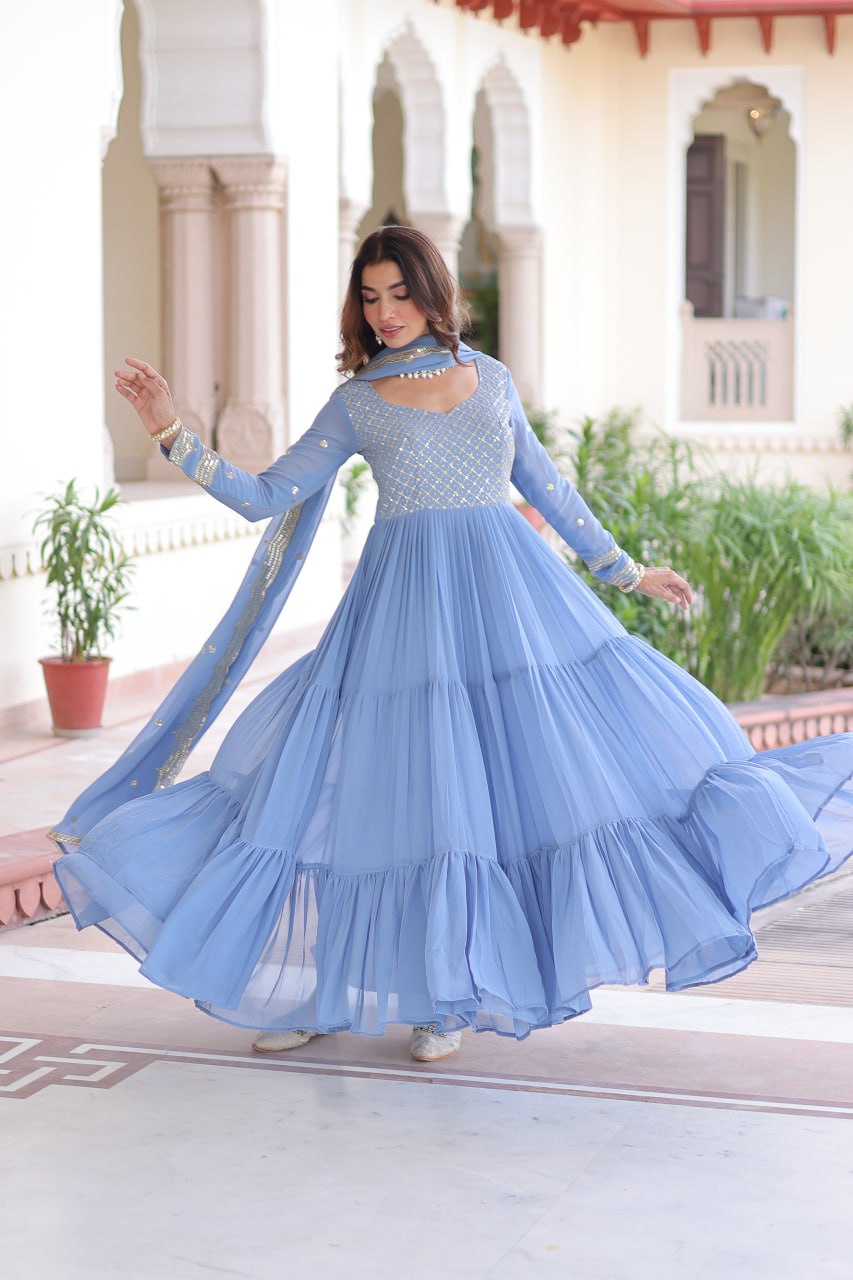 Sky Blue Royal Faux Georgette Embroidered Gown with Sequins & Zari Work – Three-Layer Frill Stitched Gown with Cotton Lining and Matching Dupatta