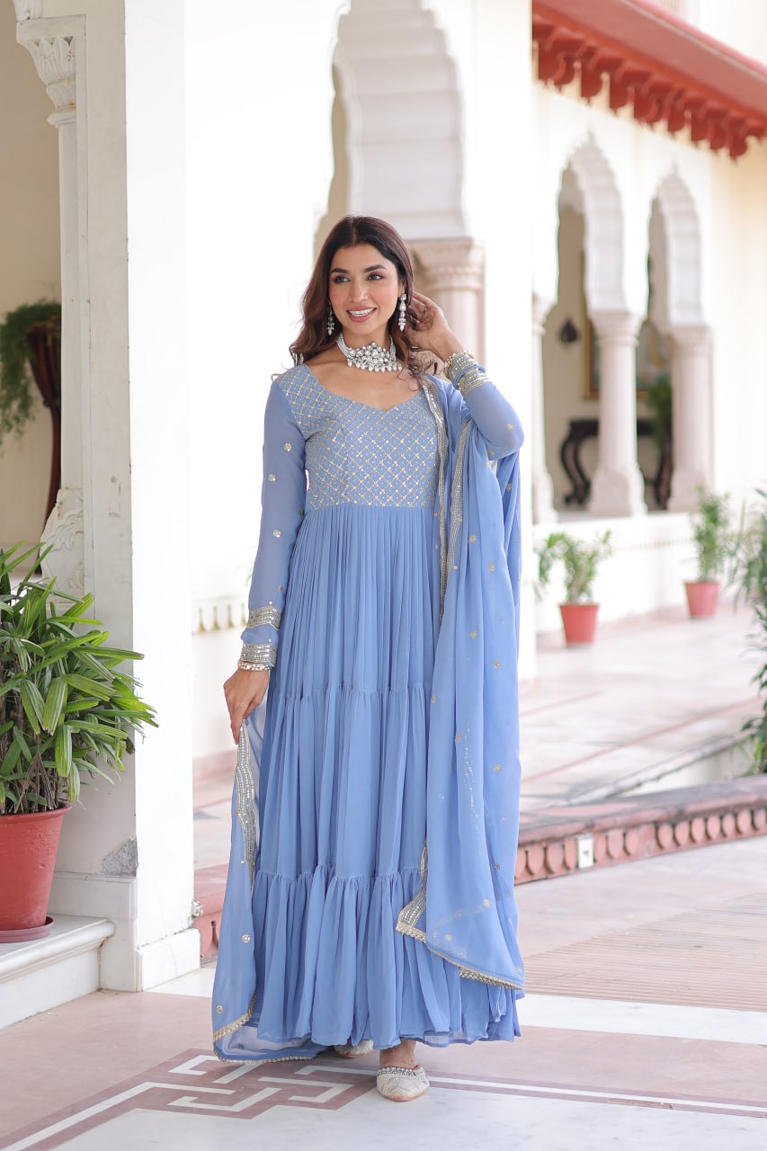 Sky Blue Royal Faux Georgette Embroidered Gown with Sequins & Zari Work – Three-Layer Frill Stitched Gown with Cotton Lining and Matching Dupatta