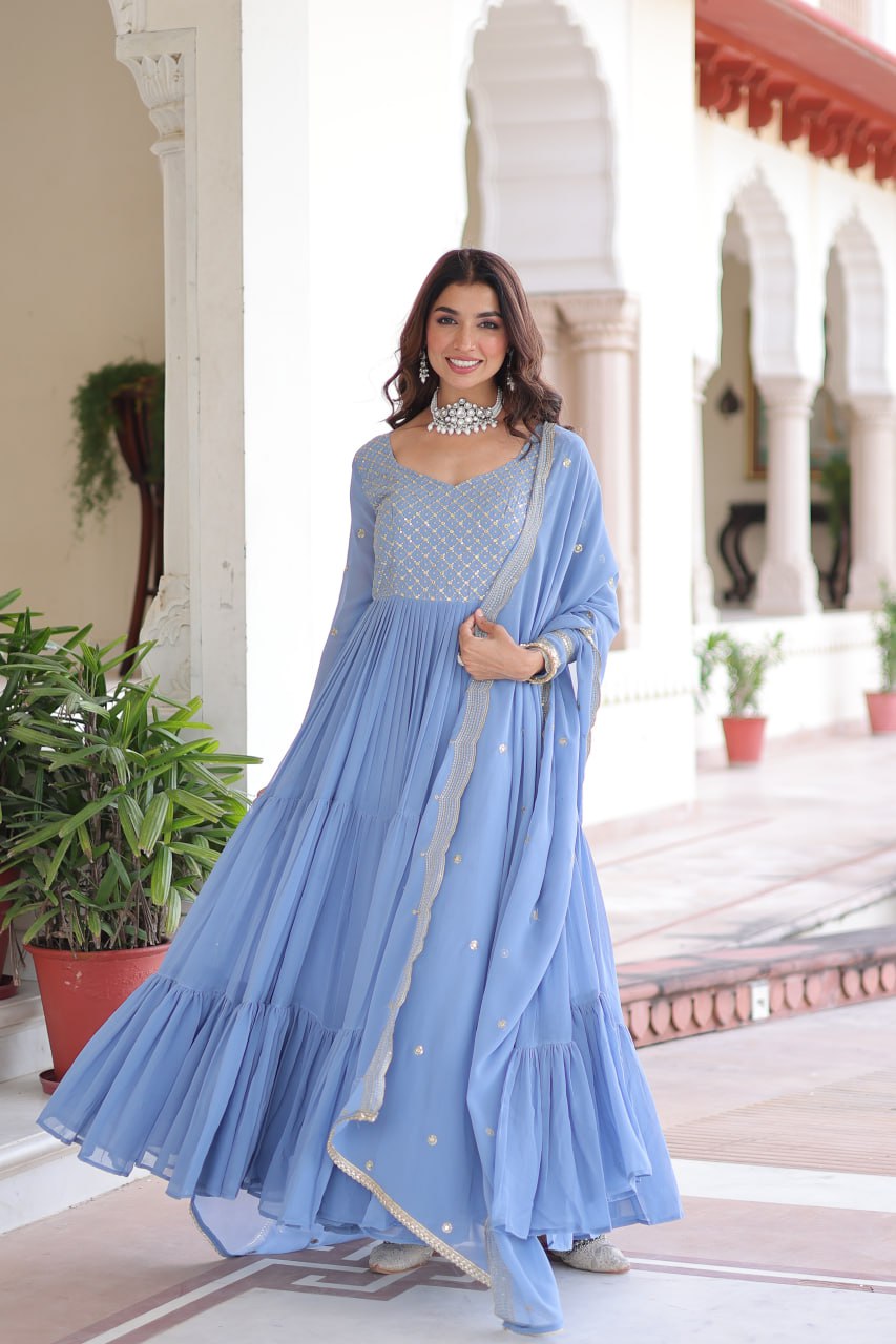 Sky Blue Royal Faux Georgette Embroidered Gown with Sequins & Zari Work – Three-Layer Frill Stitched Gown with Cotton Lining and Matching Dupatta