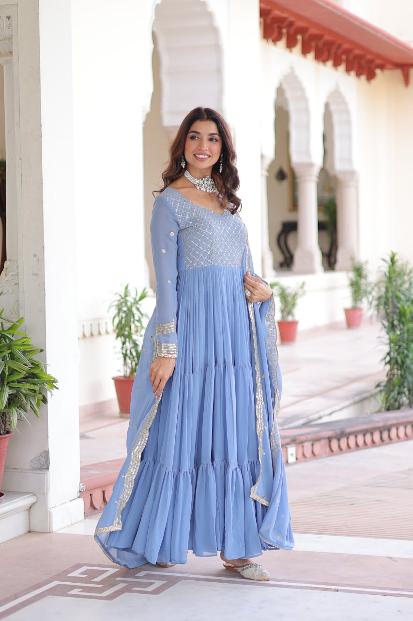 Sky Blue Royal Faux Georgette Embroidered Gown with Sequins & Zari Work – Three-Layer Frill Stitched Gown with Cotton Lining and Matching Dupatta