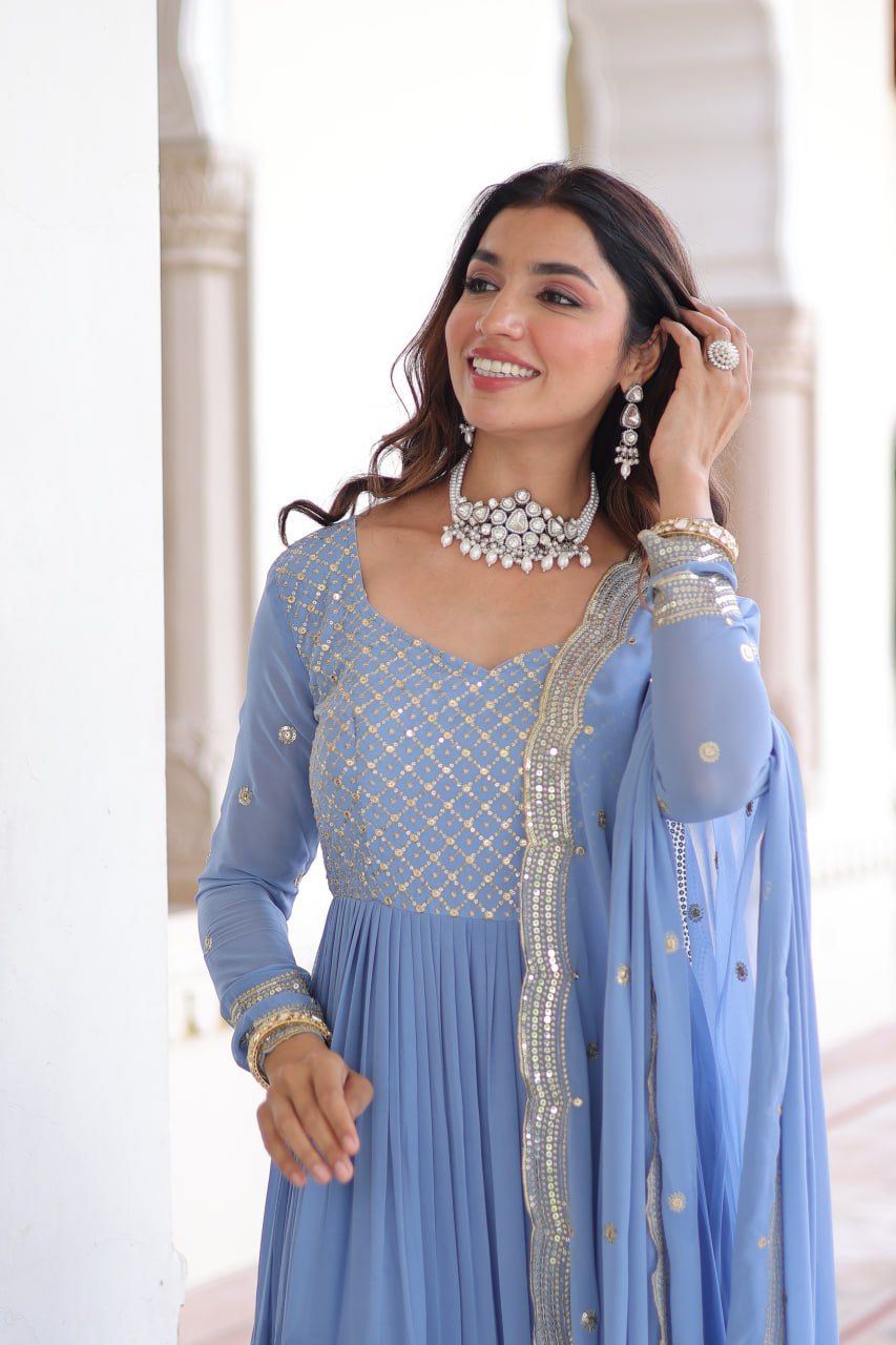 Sky Blue Royal Faux Georgette Embroidered Gown with Sequins & Zari Work – Three-Layer Frill Stitched Gown with Cotton Lining and Matching Dupatta