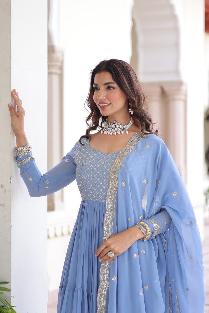 Sky Blue Royal Faux Georgette Embroidered Gown with Sequins & Zari Work – Three-Layer Frill Stitched Gown with Cotton Lining and Matching Dupatta