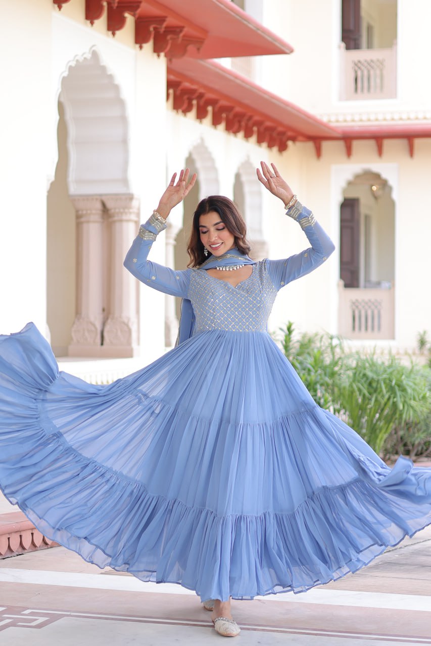 Sky Blue Royal Faux Georgette Embroidered Gown with Sequins & Zari Work – Three-Layer Frill Stitched Gown with Cotton Lining and Matching Dupatta
