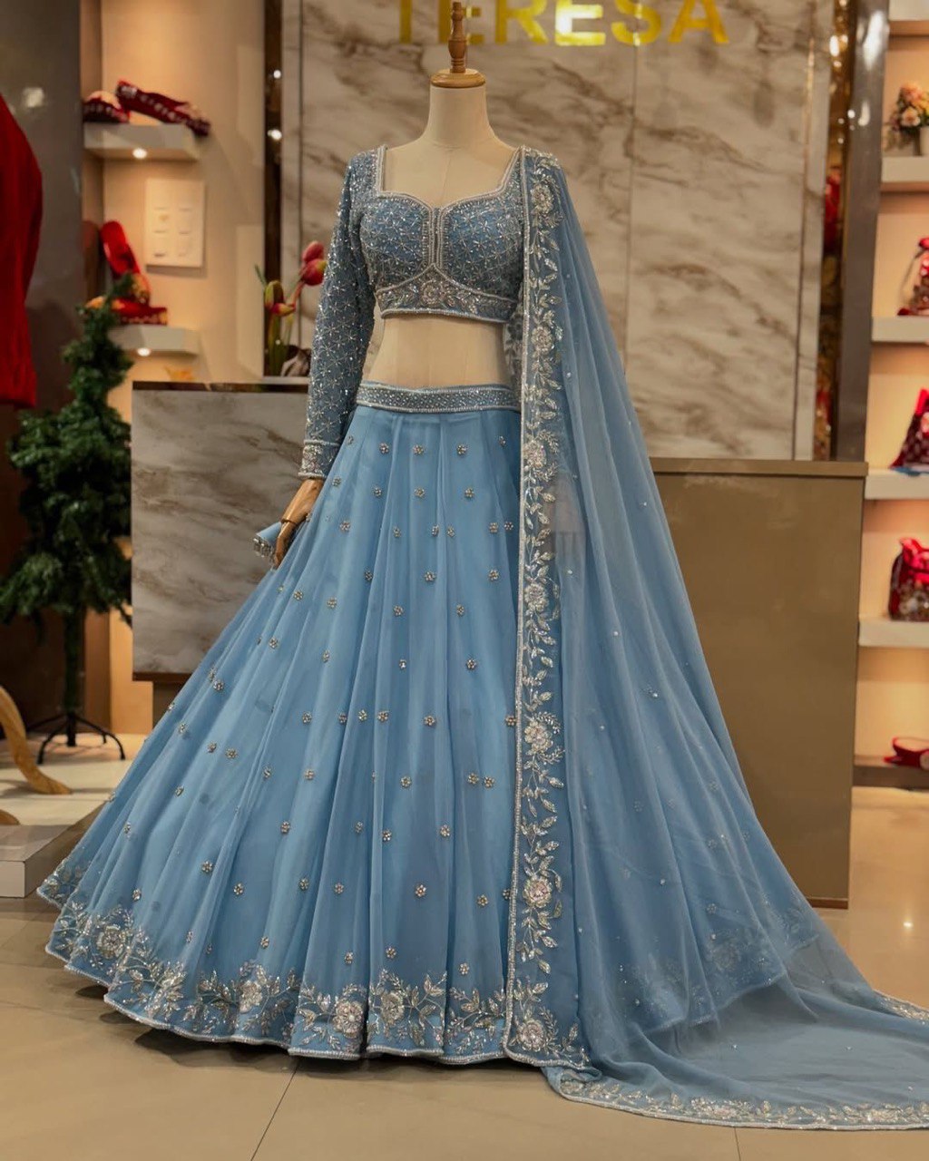 Royal Fox Georgette Semi-Stitched Lehenga Set with Rivet Moti & Sequin Work