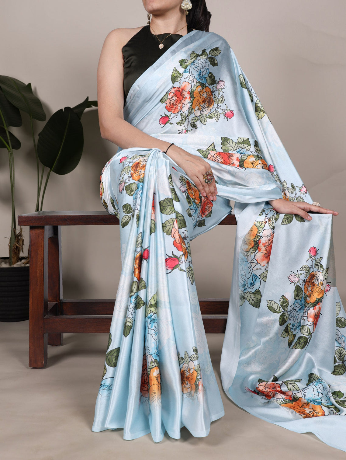 Sky Blue Satin Silk Floral Printed Saree with Natural Silk Blouse Piece