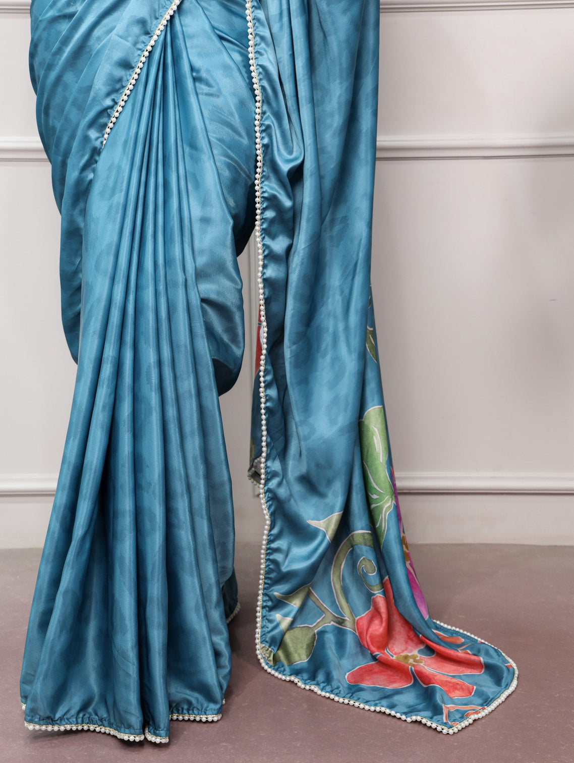 Sky Blue Satin Silk Printed Saree