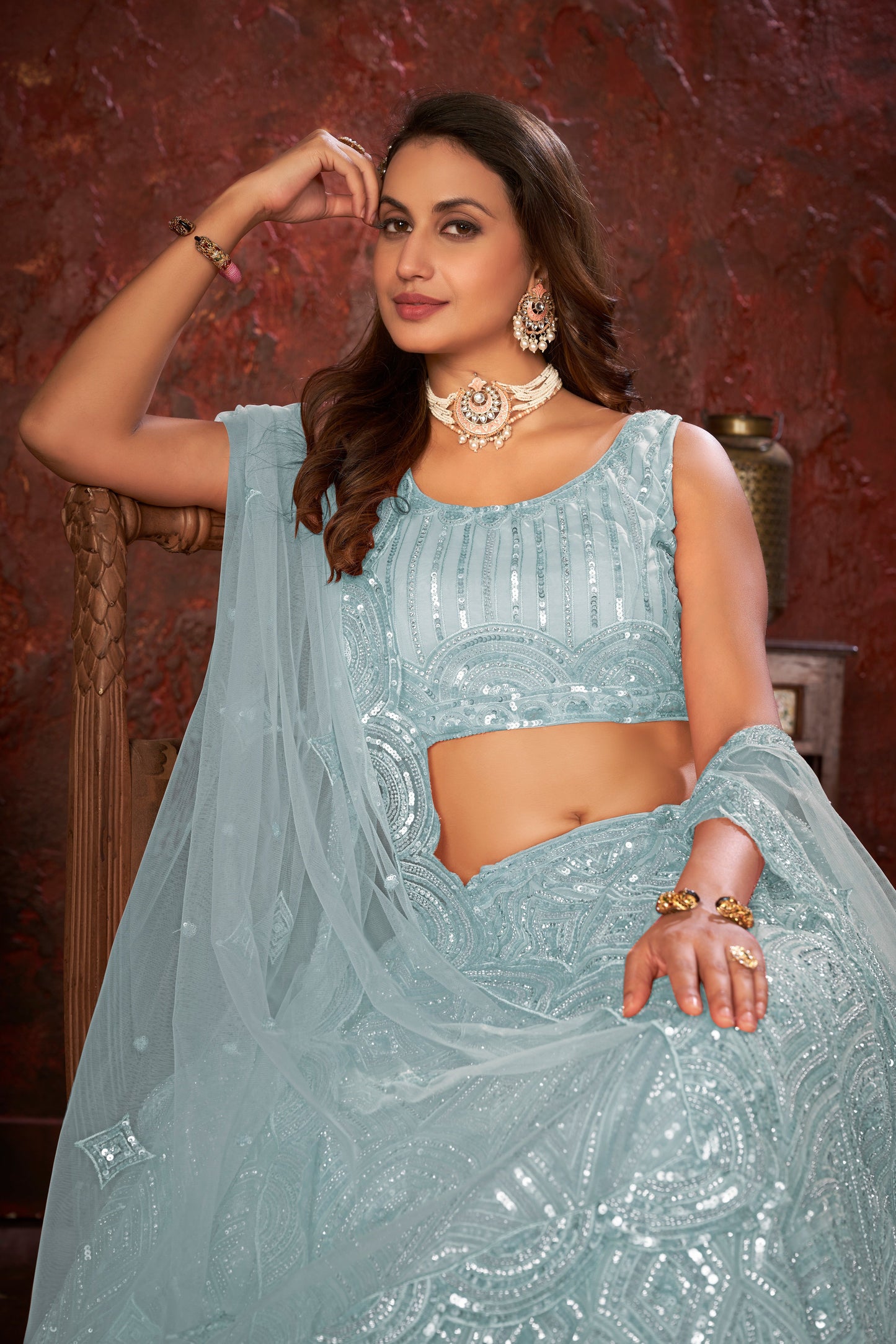 Sky Blue Sequin Embroidered Lehenga Choli Set - Regal Elegance - Designer Wear