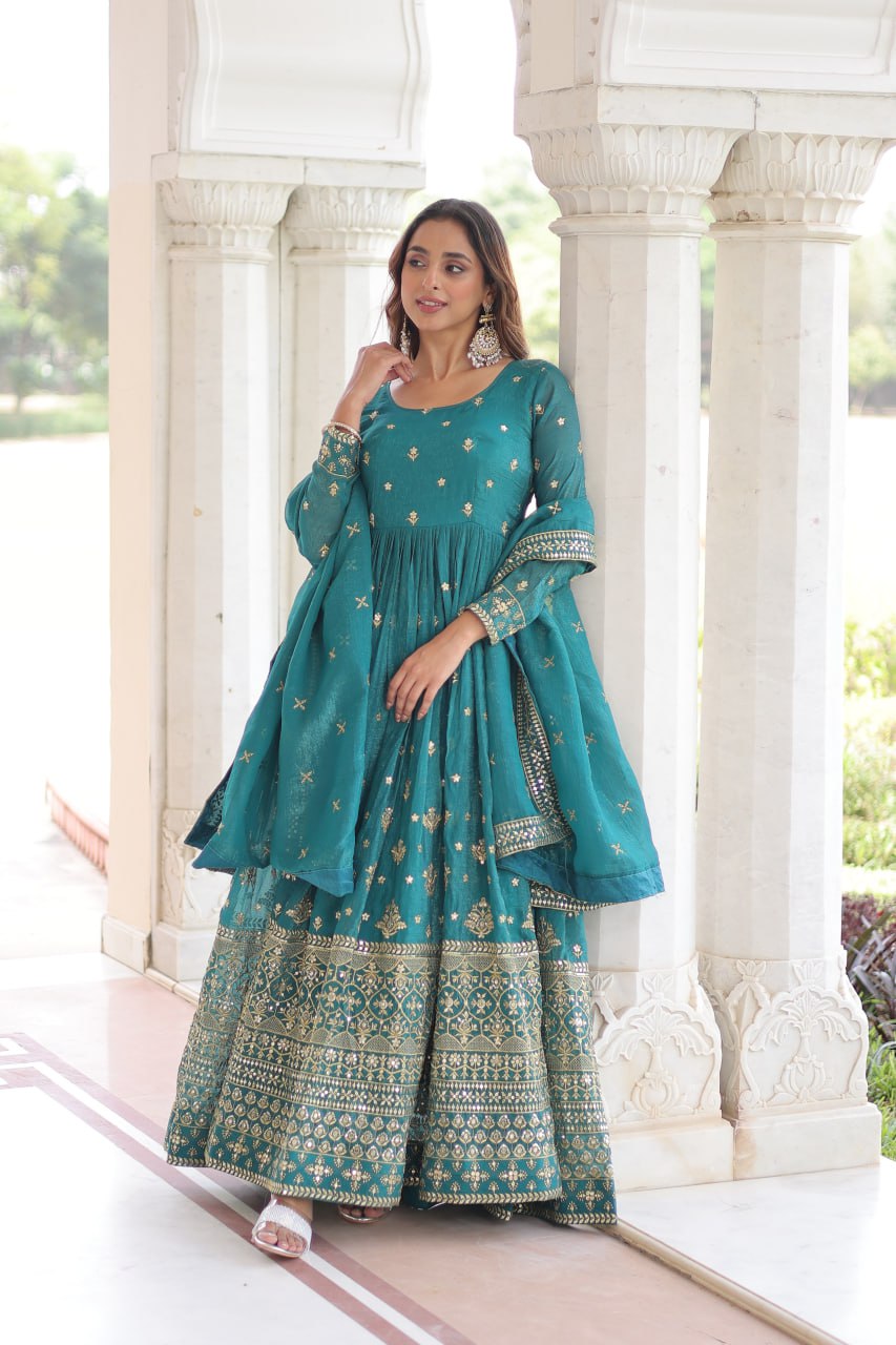 Sky Blue Sequins Embroidered Gown with Dupatta