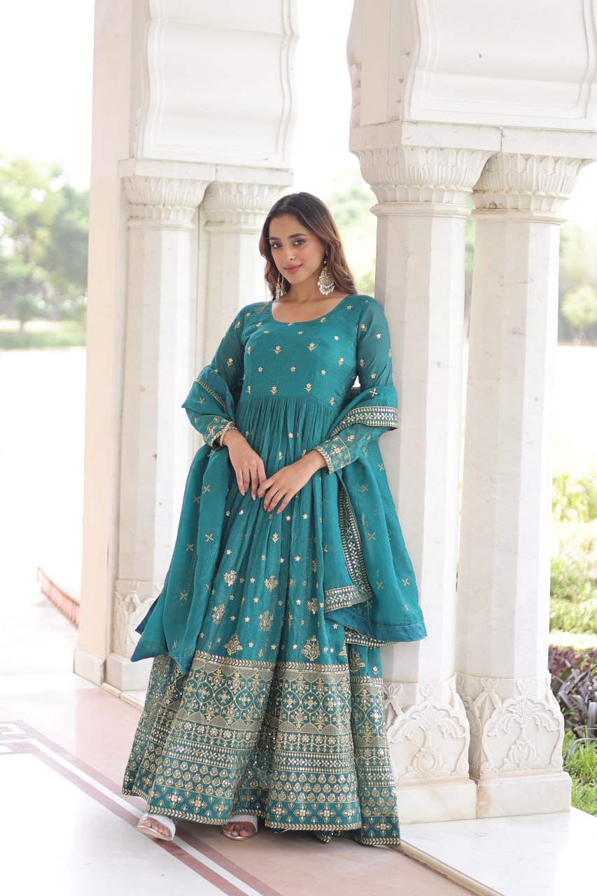 Sky Blue Sequins Embroidered Gown with Dupatta