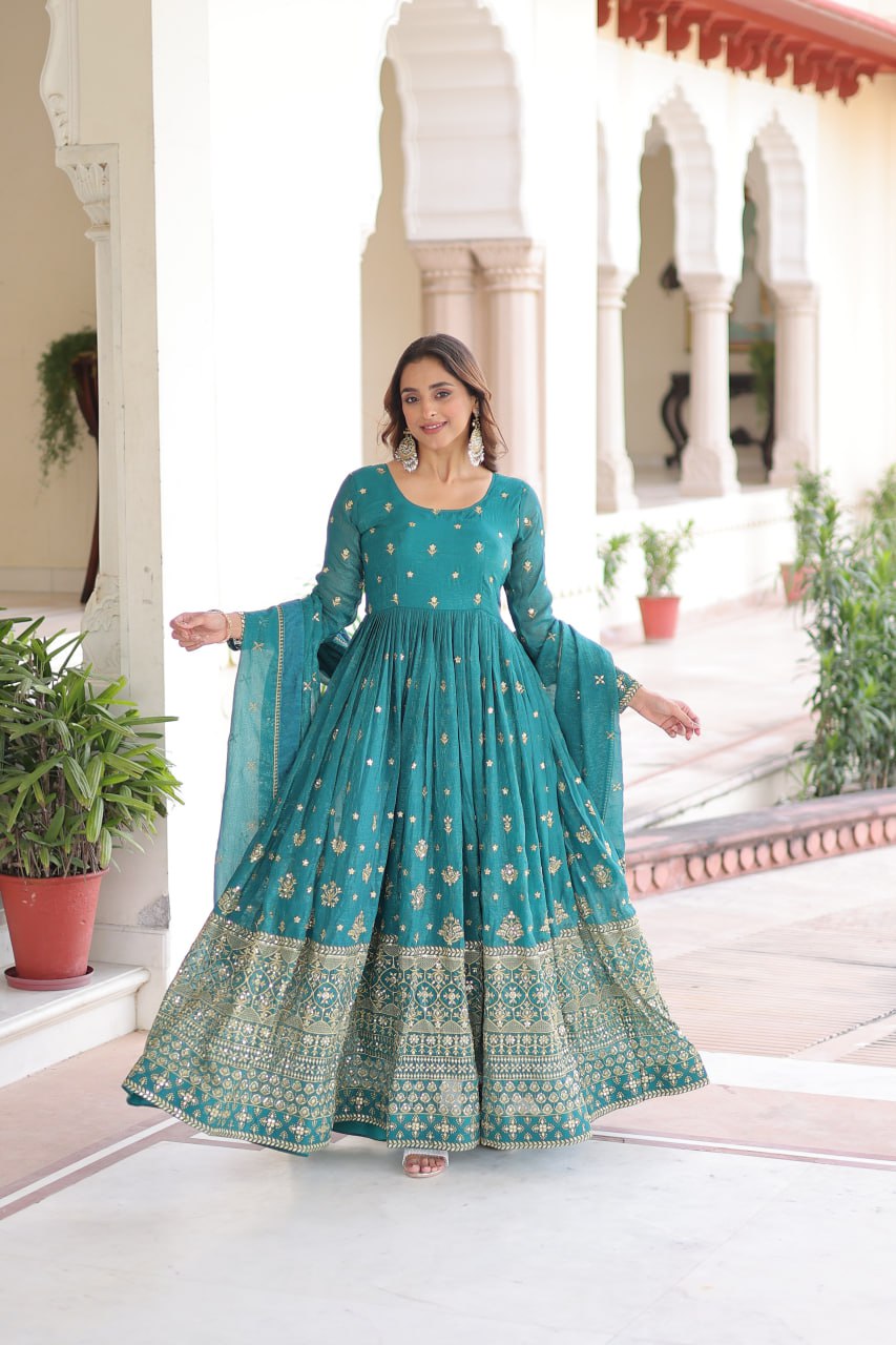 Sky Blue Sequins Embroidered Gown with Dupatta