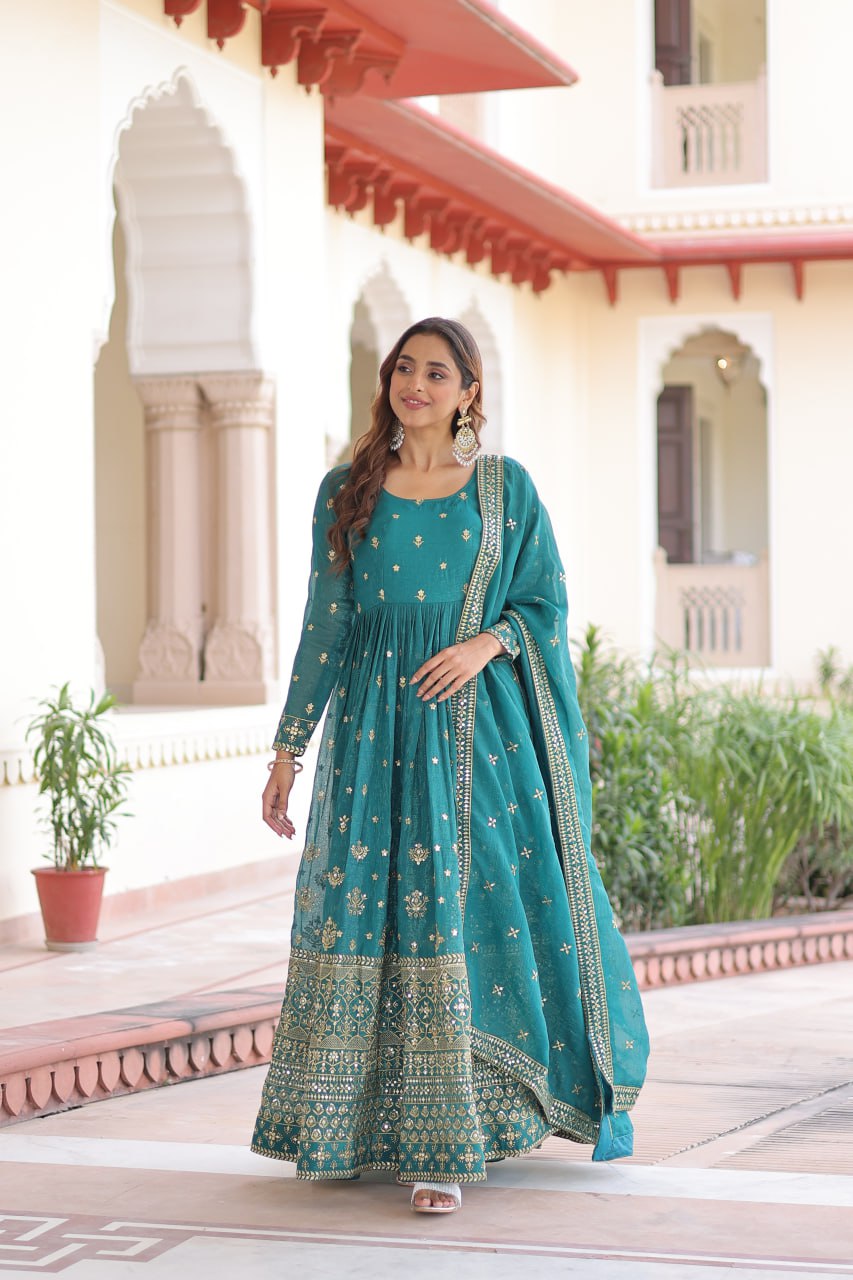 Sky Blue Sequins Embroidered Gown with Dupatta