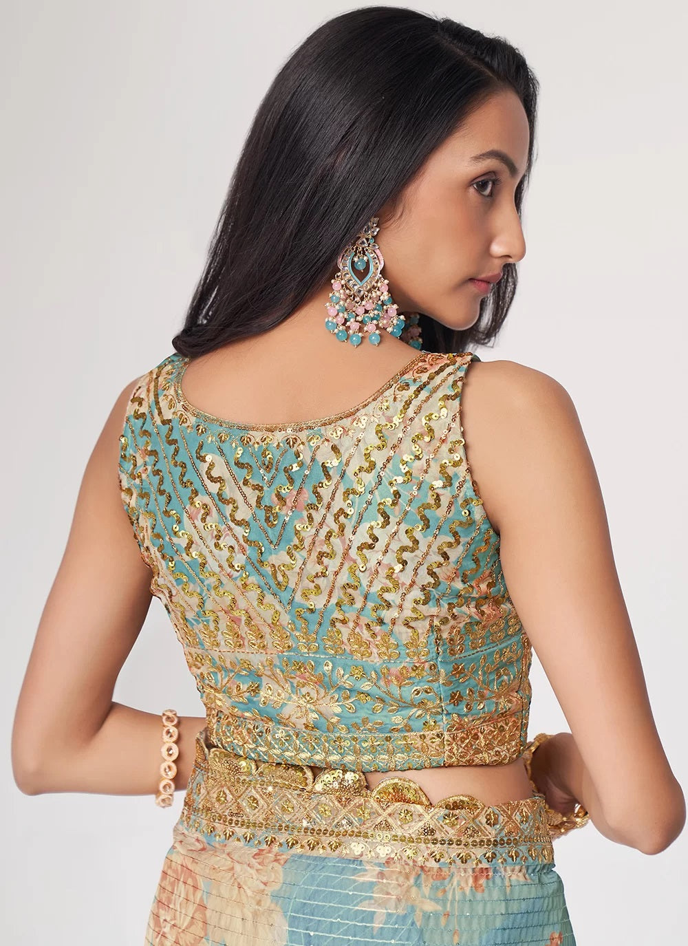 Sky blue sequins embroidery work with digital printed saree